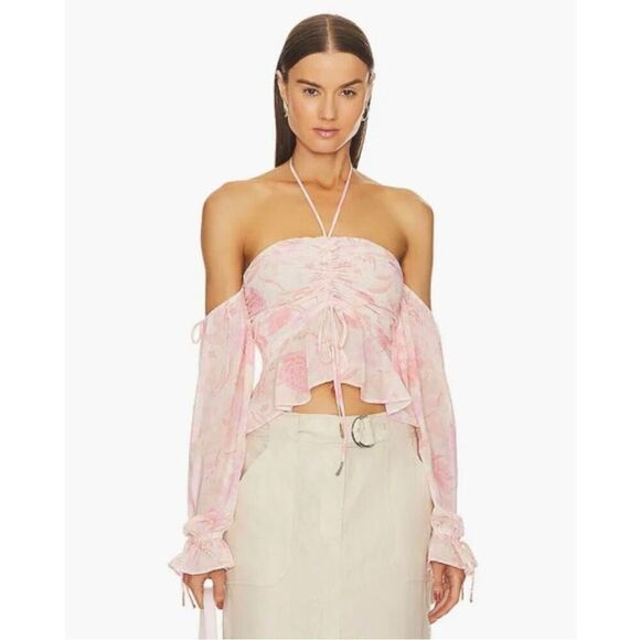 Tularosa Women's Cream & Pink Poly Georgette Top NEW - Picture 2 of 15